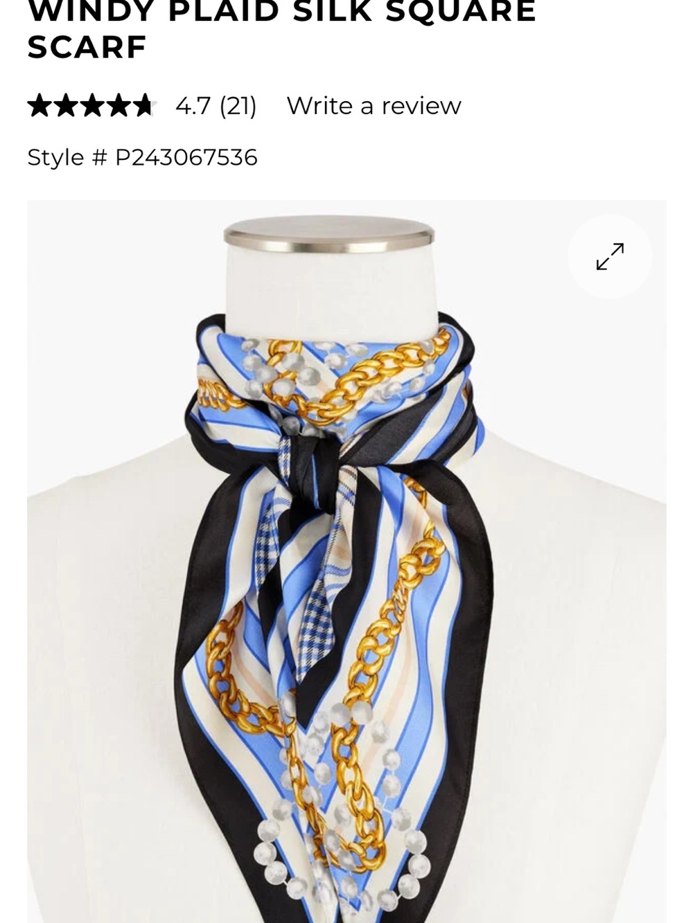 Talbots Windy Plaid Silk Square Scarf in Blue, Black, Gold, White